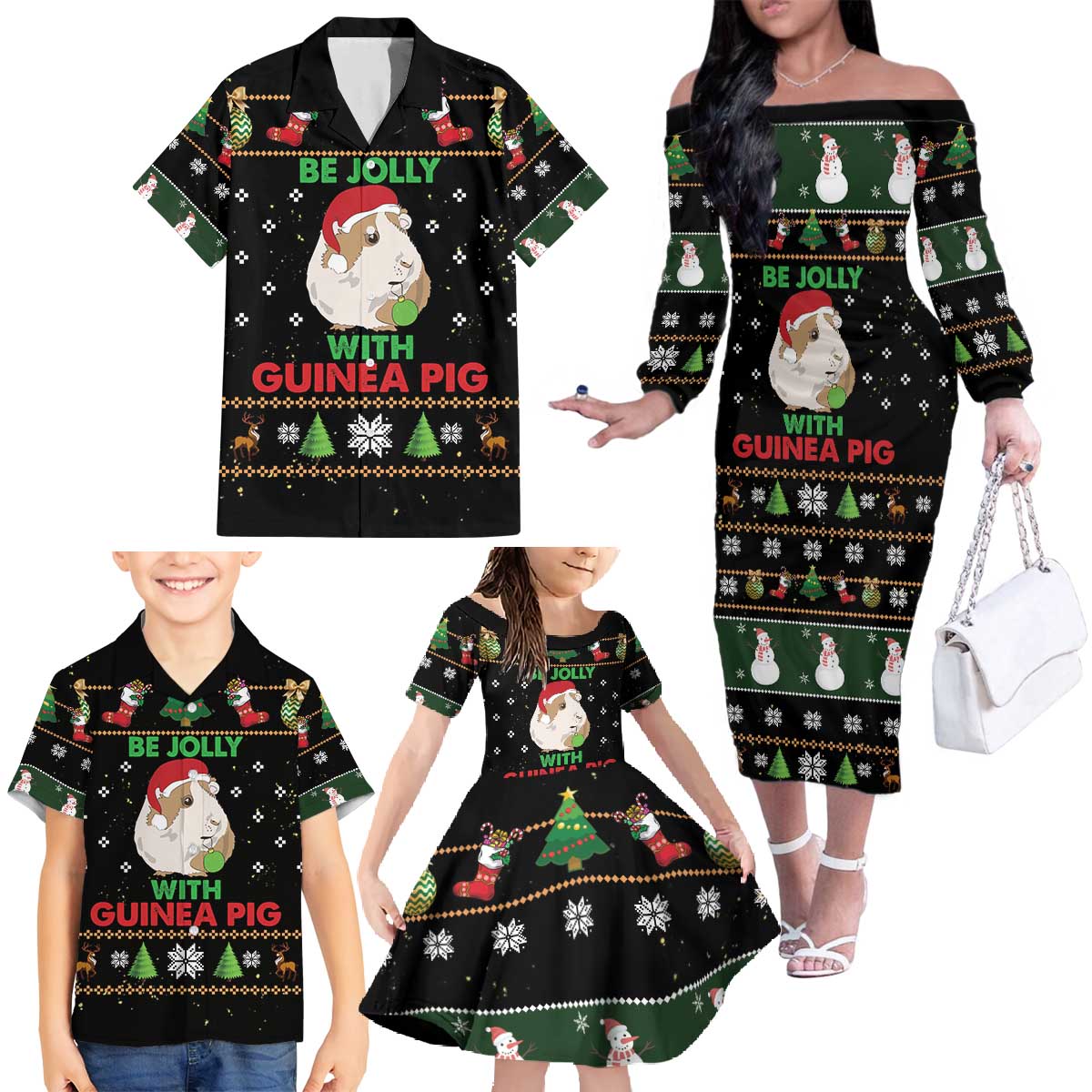 Guinea Pig Christmas Family Matching Off The Shoulder Long Sleeve Dress and Hawaiian Shirt Be Jolly With Guinea Pig - Wonder Print Shop