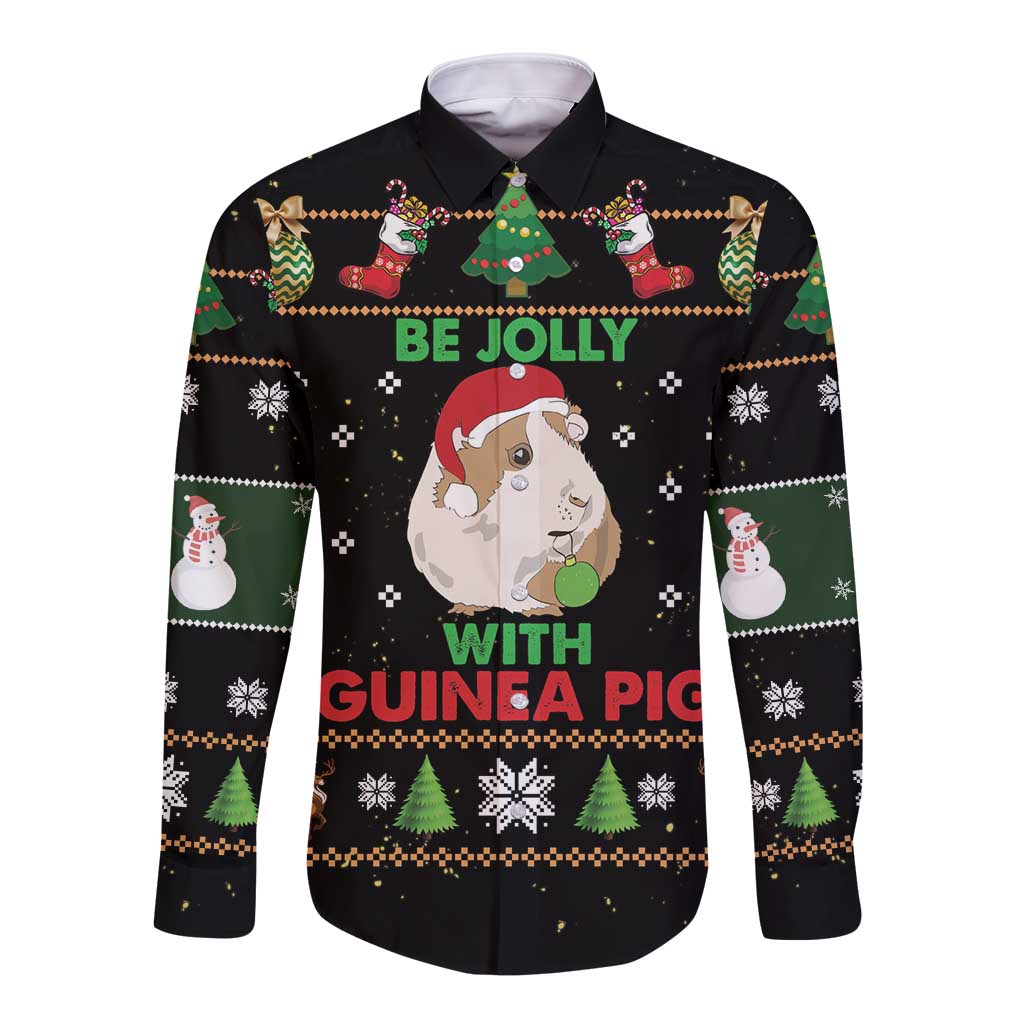 Black long-sleeve button shirt with guinea pig Christmas graphic and 'Be Jolly' text