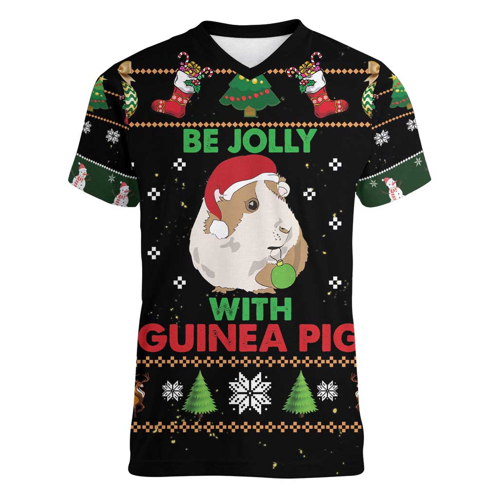 Guinea Pig Christmas Women V-Neck T-Shirt Be Jolly With Guinea Pig - Wonder Print Shop