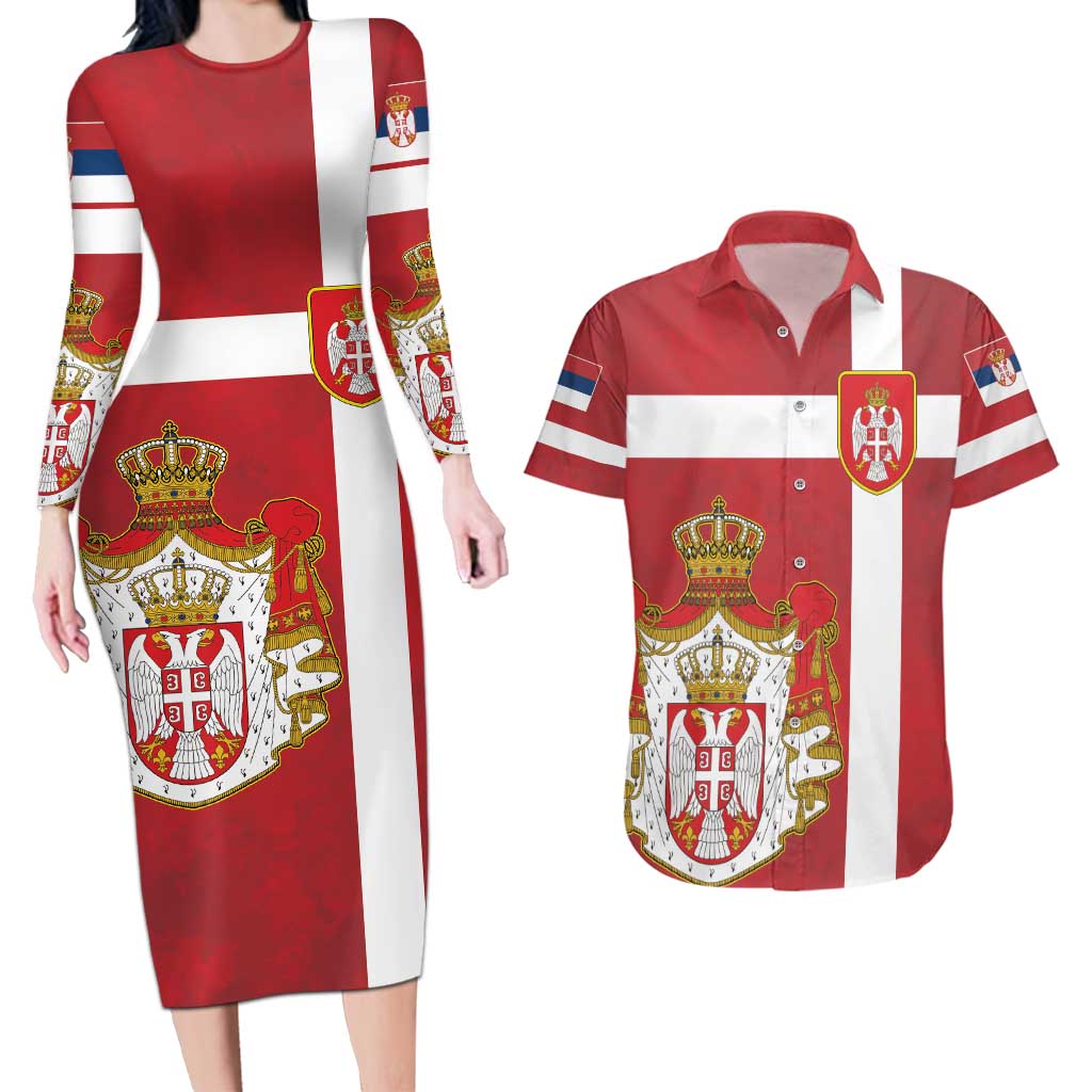 Serbia Couples Matching Long Sleeve Bodycon Dress and Hawaiian Shirt Serbian Cross Eagle Tattoo