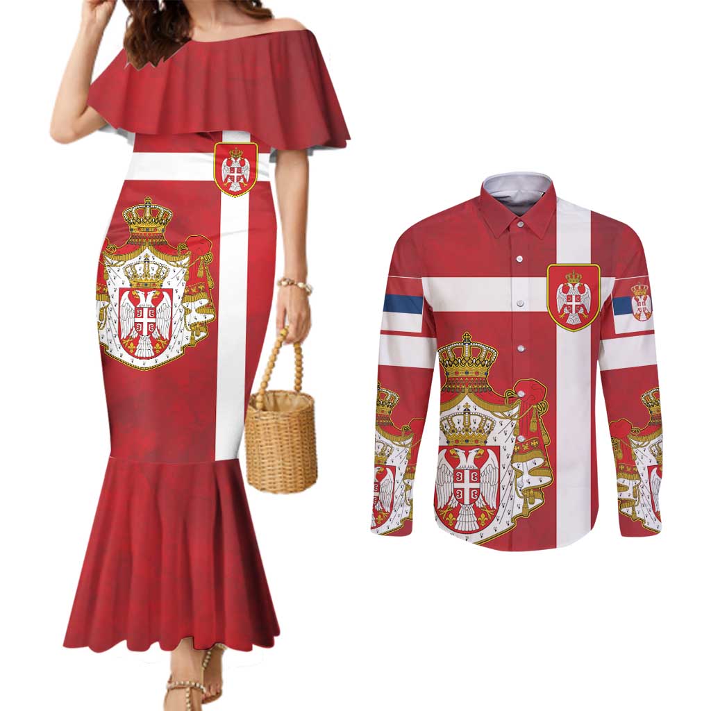 Serbia Couples Matching Mermaid Dress and Long Sleeve Button Shirt Serbian Cross Eagle Tattoo