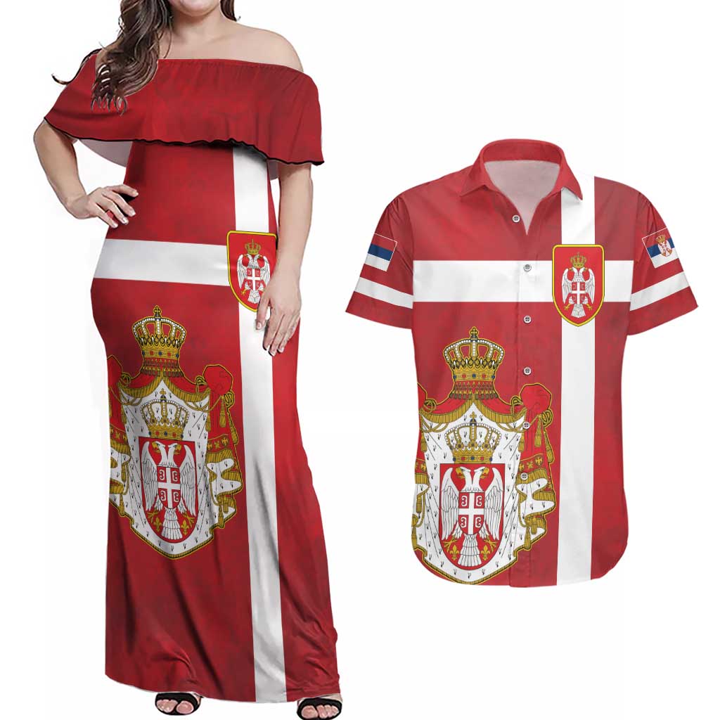 Serbia Couples Matching Off Shoulder Maxi Dress and Hawaiian Shirt Serbian Cross Eagle Tattoo