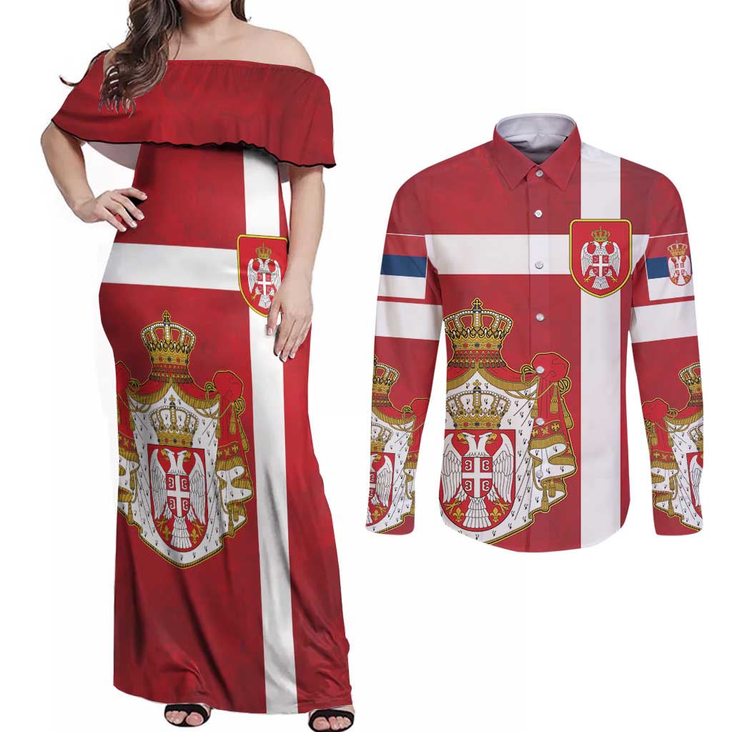 Serbia Couples Matching Off Shoulder Maxi Dress and Long Sleeve Button Shirt Serbian Cross Eagle Tattoo