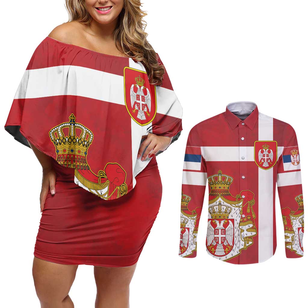 Serbia Couples Matching Off Shoulder Short Dress and Long Sleeve Button Shirt Serbian Cross Eagle Tattoo