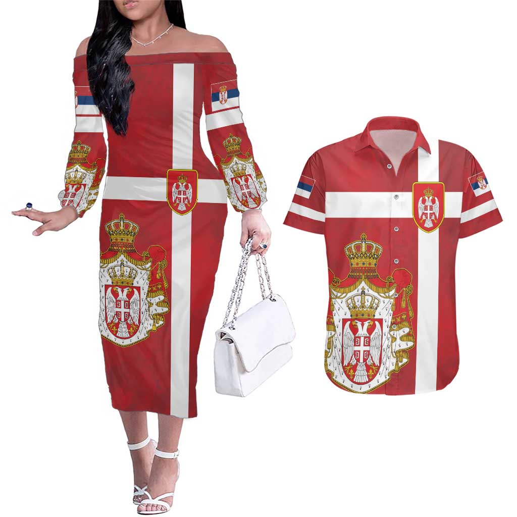 Serbia Couples Matching Off The Shoulder Long Sleeve Dress and Hawaiian Shirt Serbian Cross Eagle Tattoo