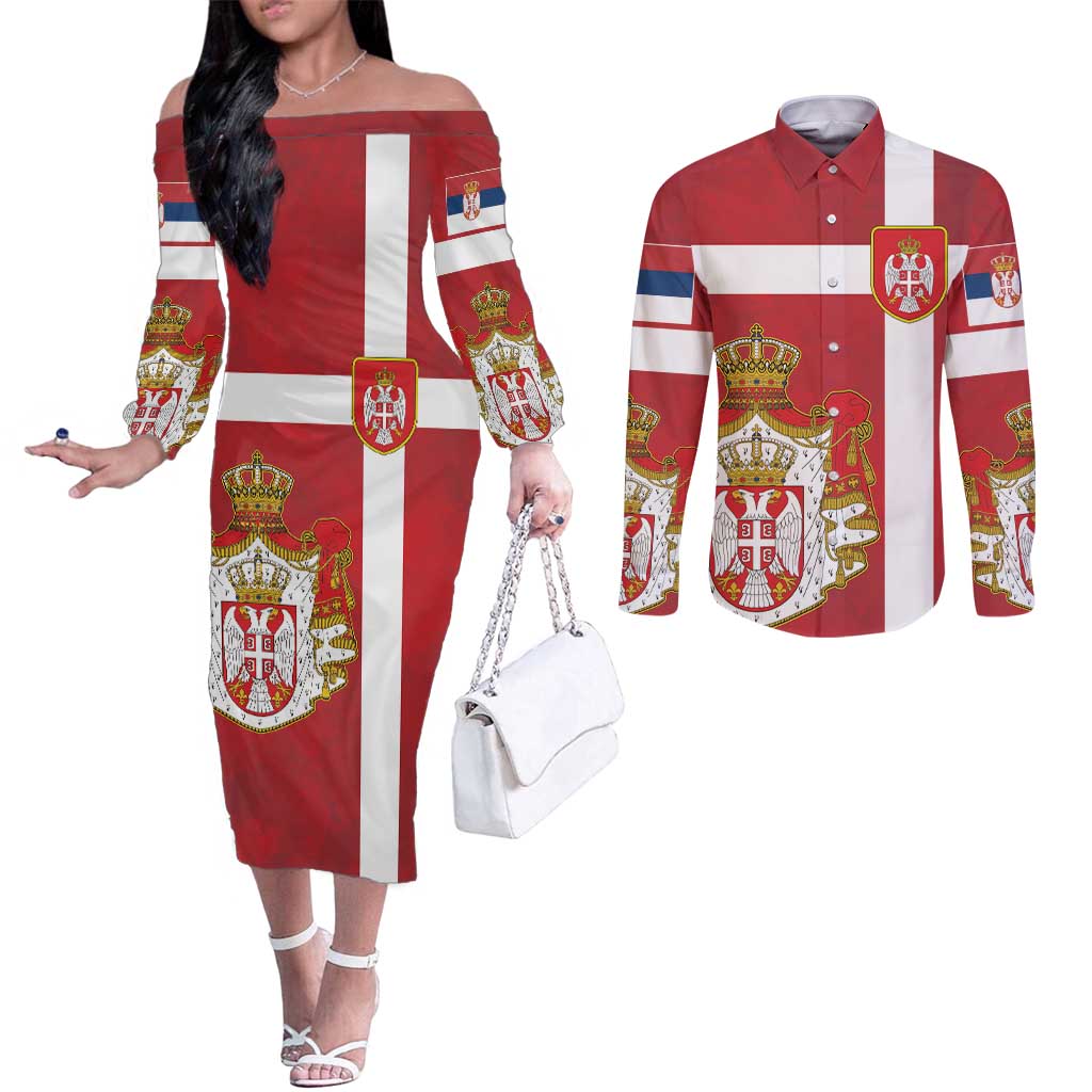 Serbia Couples Matching Off The Shoulder Long Sleeve Dress and Long Sleeve Button Shirt Serbian Cross Eagle Tattoo