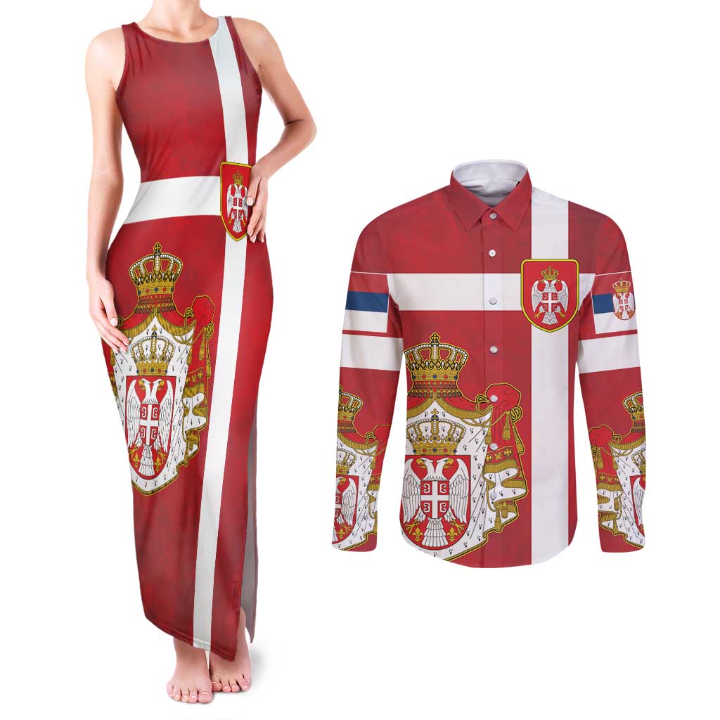 Serbia Couples Matching Tank Maxi Dress and Long Sleeve Button Shirt Serbian Cross Eagle Tattoo