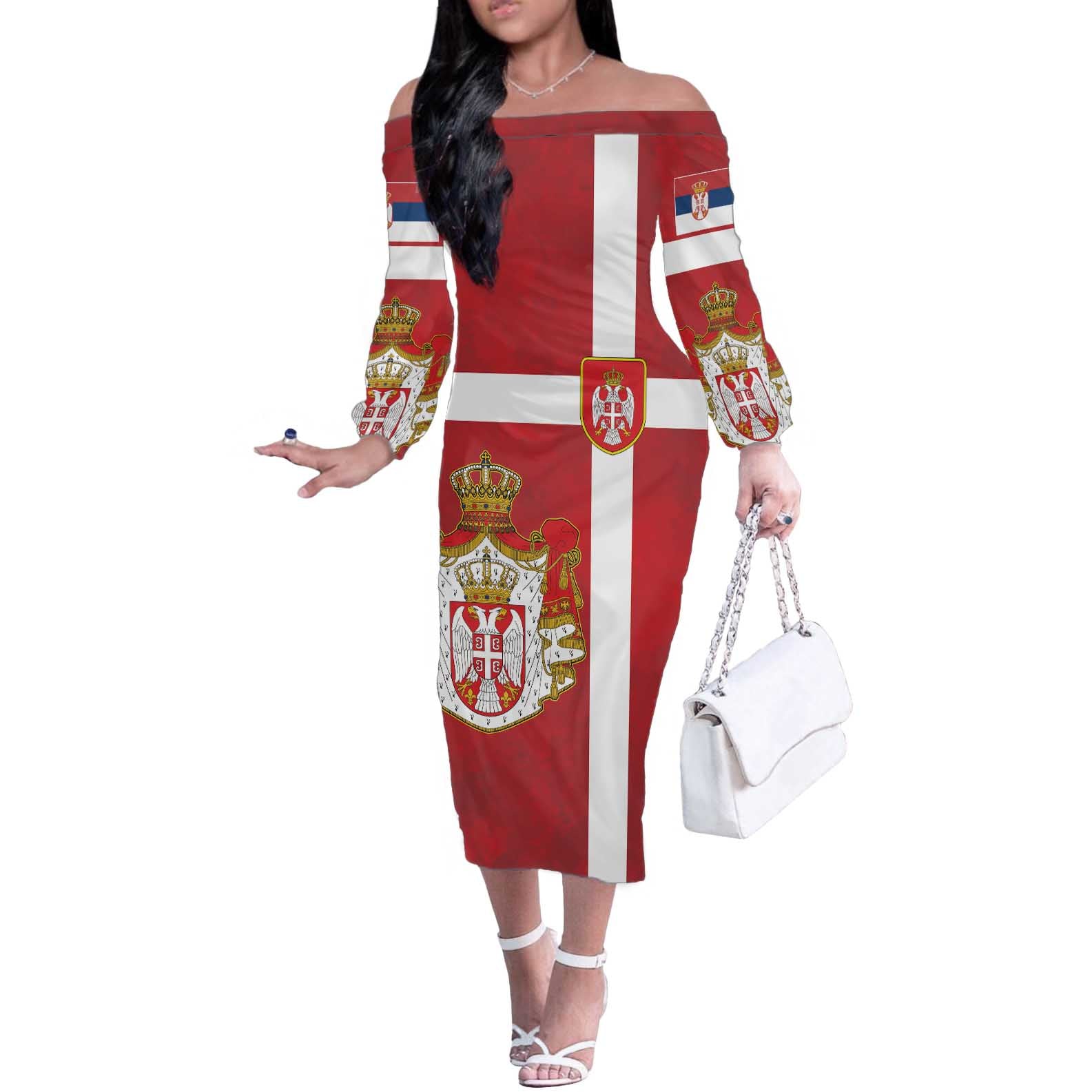 Serbia Off The Shoulder Long Sleeve Dress Serbian Cross Eagle Tattoo