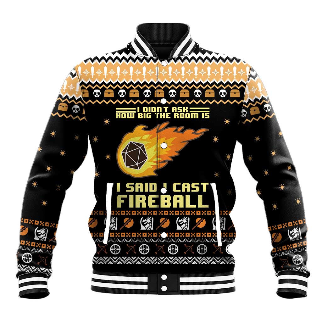 Unisex black baseball jacket with tan holiday graphic, striped collar and ribbed cuffs