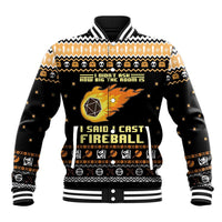 Unisex black baseball jacket with tan holiday graphic, striped collar and ribbed cuffs