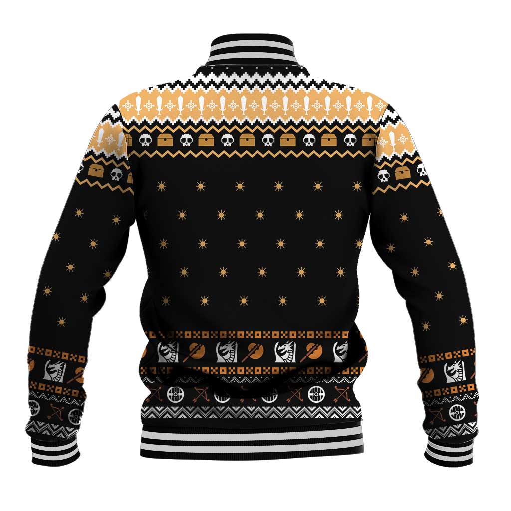 Unisex black baseball jacket with tan yoke, star print, striped collar and ribbed hem