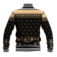 Unisex black baseball jacket with tan yoke, star print, striped collar and ribbed hem