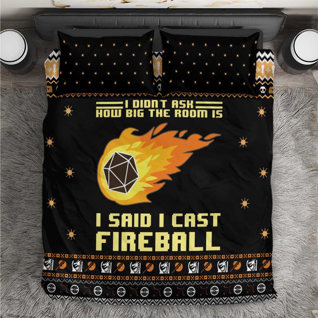 Black graphic fireball bedding set with matching pillowcases and bold fantasy text