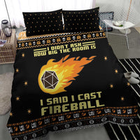 Black duvet cover bedding set with fireball emblem, stars, and patterned border