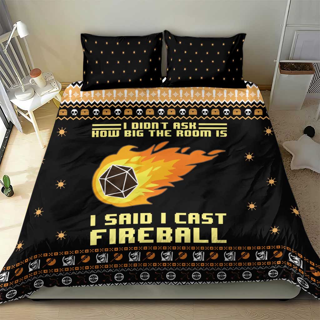 Black fireball bedding set featuring flame graphic, fantasy text, and matching pillows