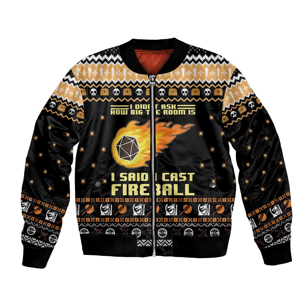 Unisex black bomber jacket with front zipper and fantasy graphic holiday print