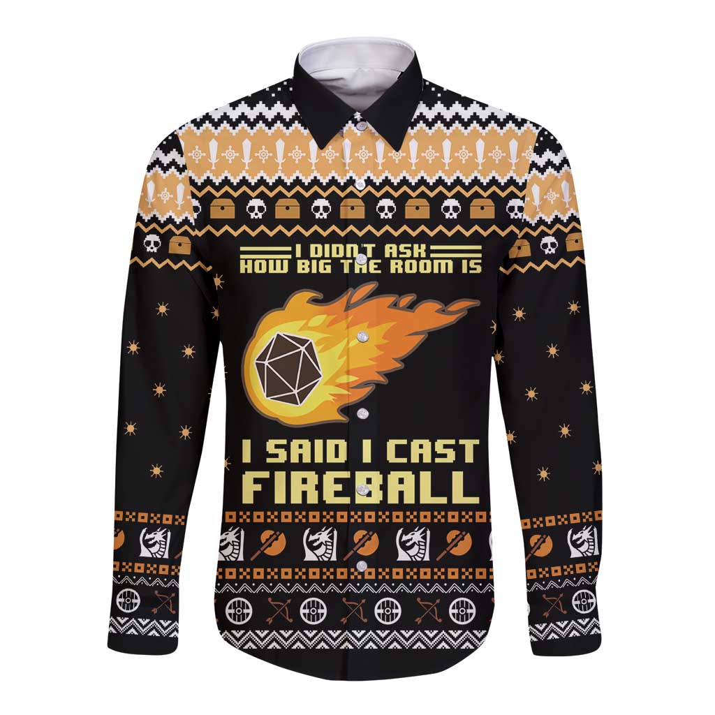 Black long-sleeve button shirt with festive skull and fireball front graphic