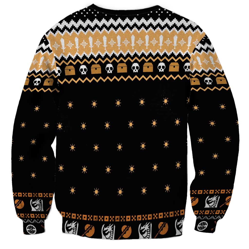 Unisex black sweatshirt back with star dots and tan holiday pattern borders