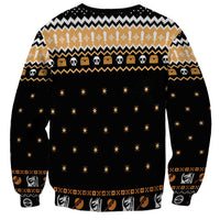 Unisex black sweatshirt back with star dots and tan holiday pattern borders