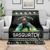 Black camping blanket with Sasquatch and tent scene, “I PARTY WITH” and “SASQUATCH”