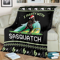 Black camping blanket with Sasquatch sitting by a camper tent and holiday border icons