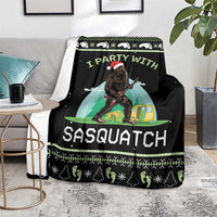 Black camping blanket with Sasquatch and tent artwork, “I PARTY WITH” headline