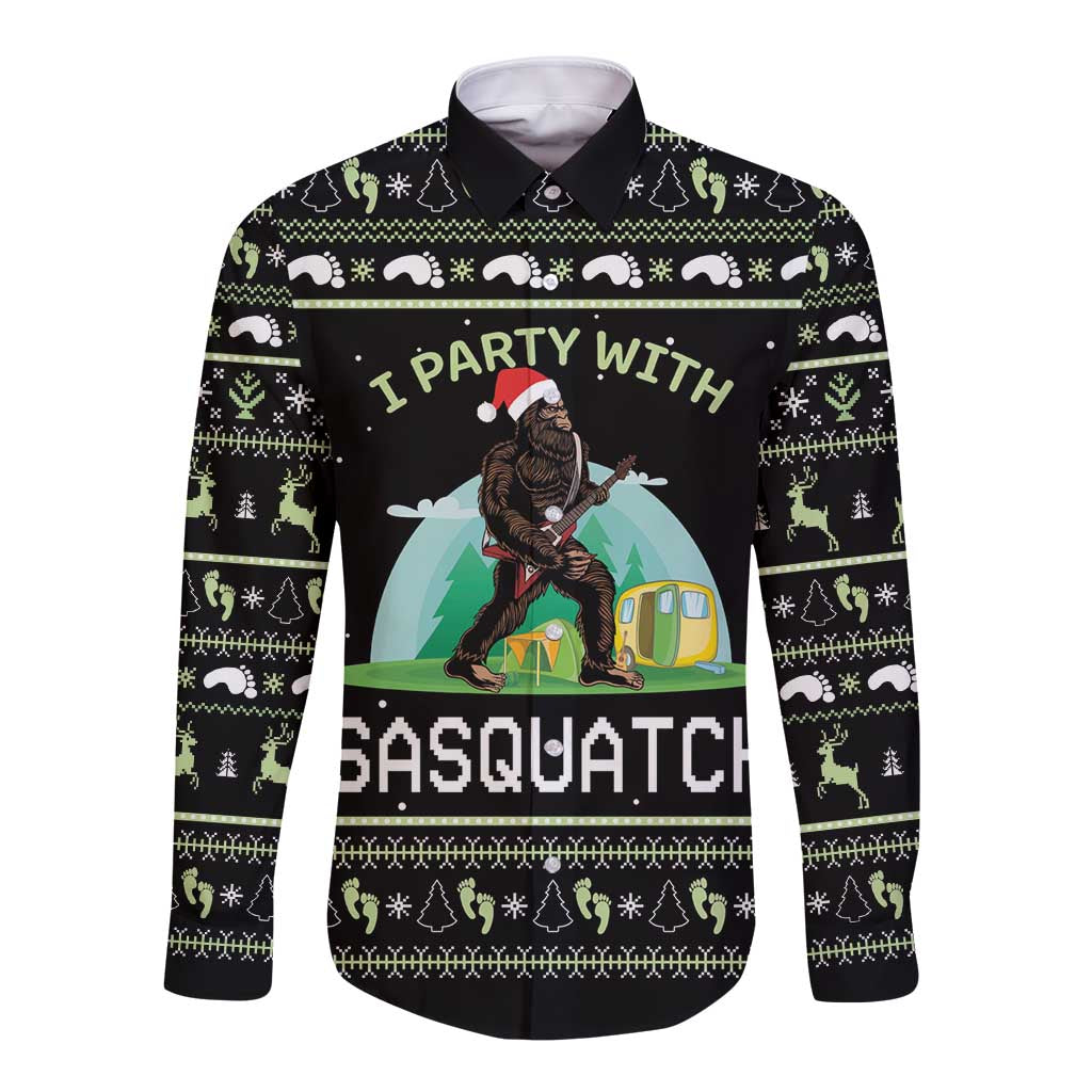 Unisex long-sleeve black button shirt with Christmas pattern and camping sasquatch graphic