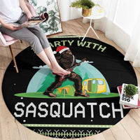 Black round camping rug with Sasquatch in front of green camper and 'I PARTY WITH'
