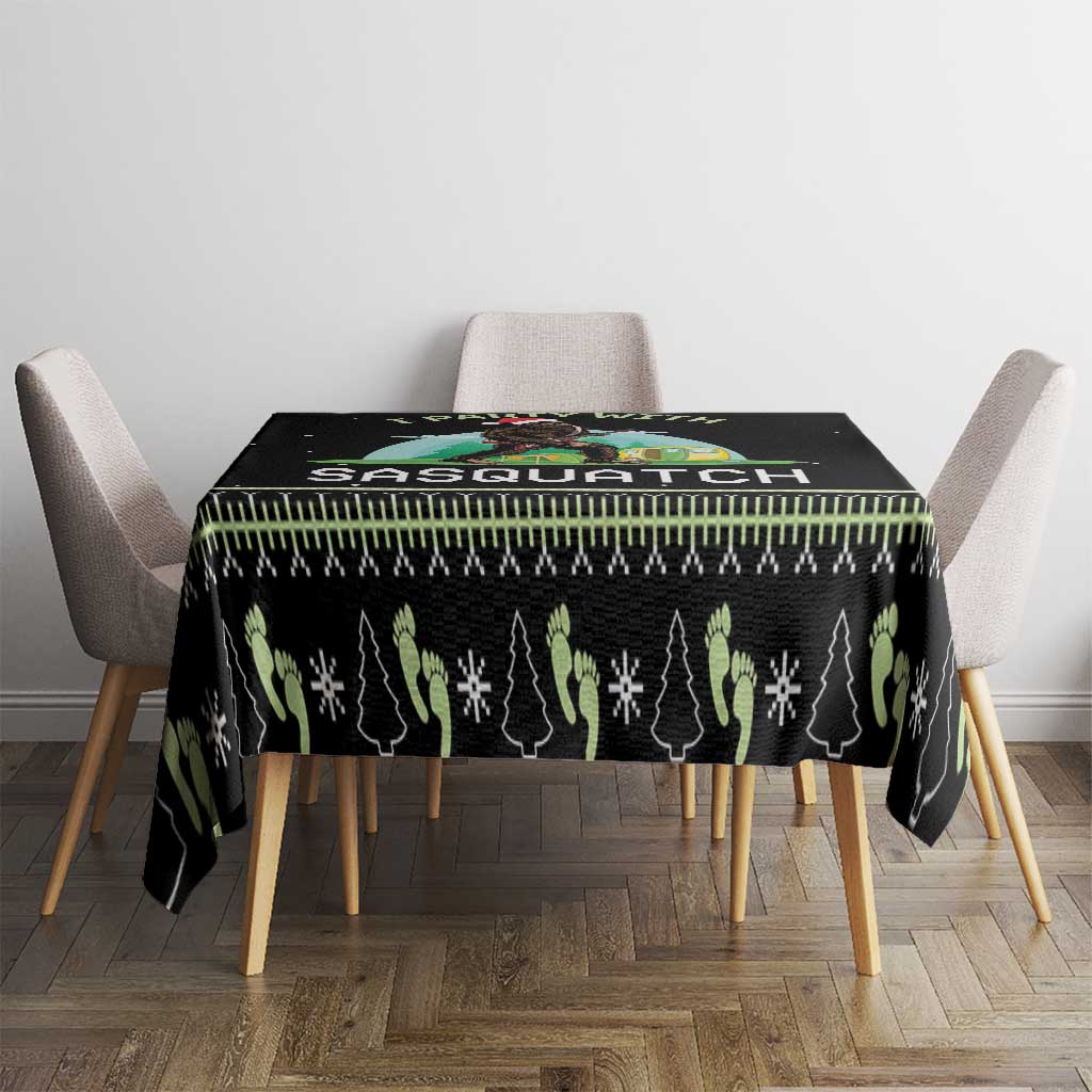 Black camping tablecloth with Sasquatch text graphic and pine tree border