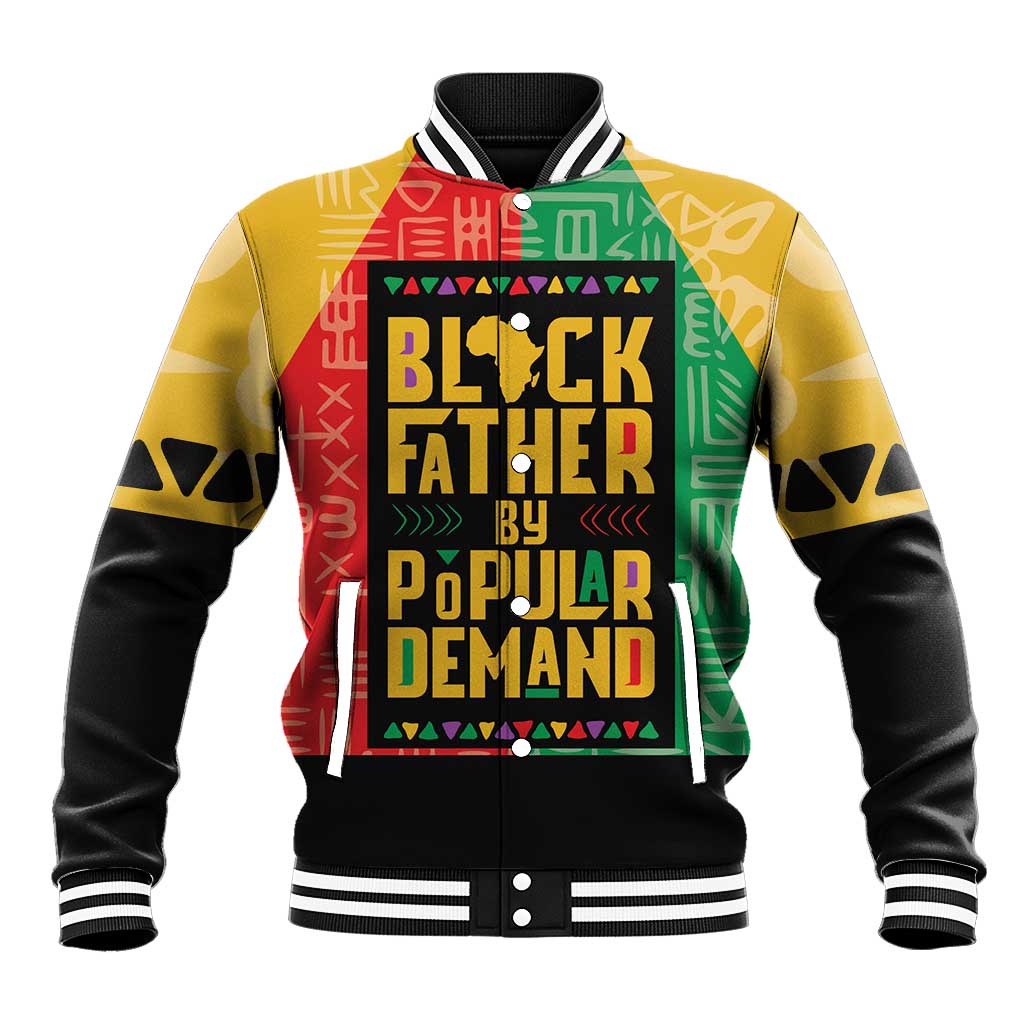 African baseball jacket with yellow and black sleeves, multicolor front graphic, snap buttons.
