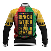 African baseball jacket with yellow and black sleeves, multicolor back graphic, striped rib hem.
