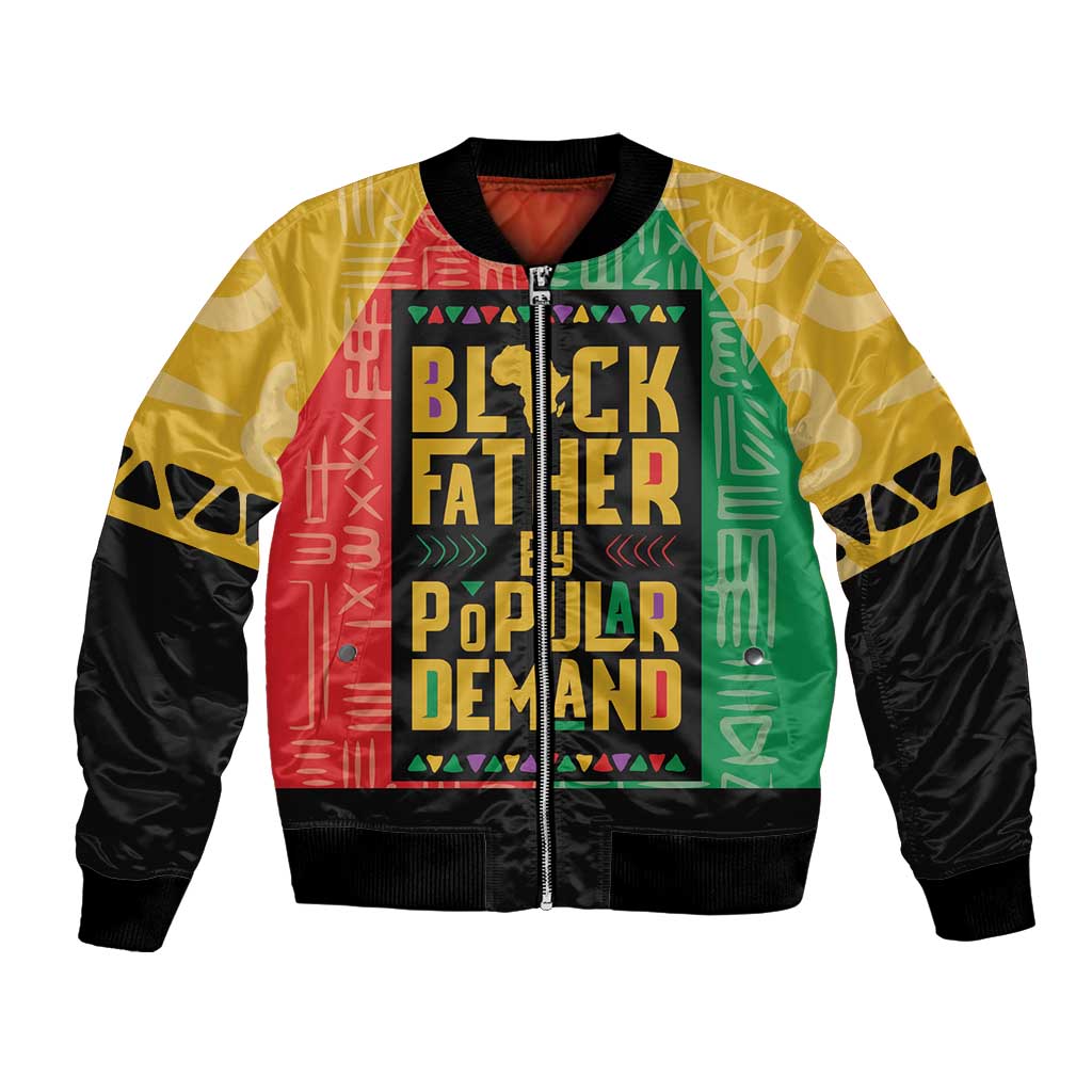 African bomber jacket with black sleeves, ribbed cuffs, and multicolor front text panel