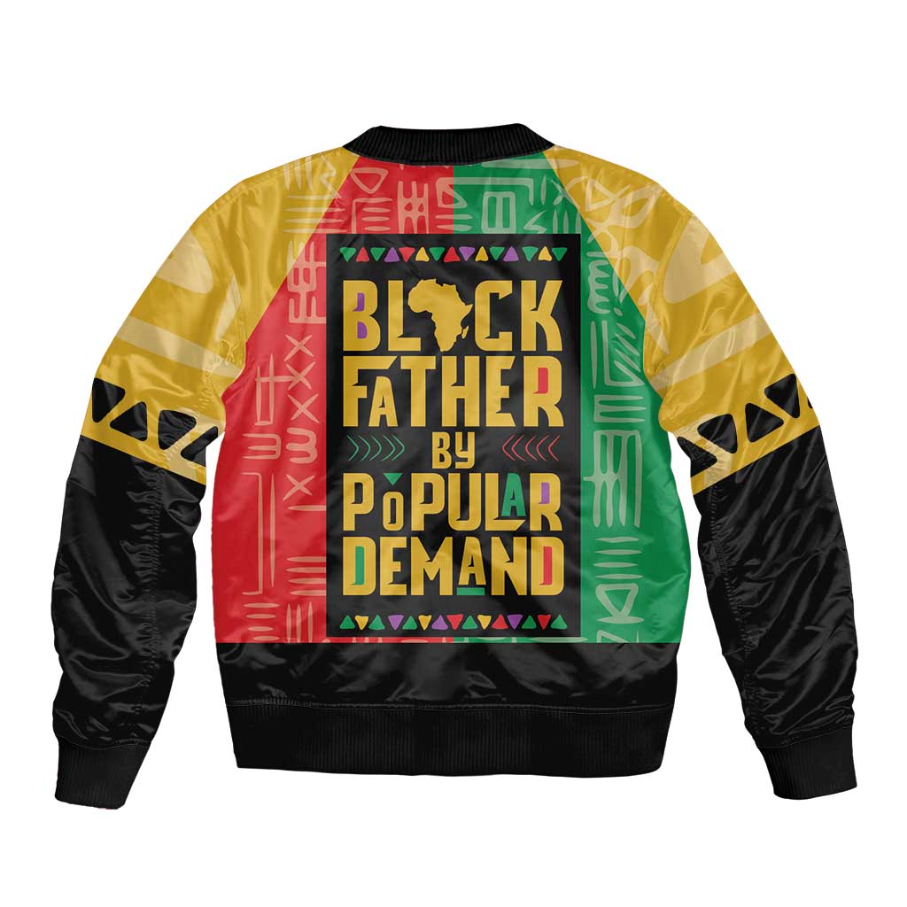 African bomber jacket with black sleeves, ribbed hem, and back 'Black Father' graphic