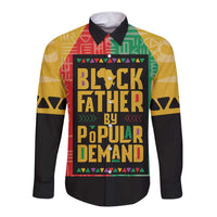 Black long-sleeve button shirt with African geometric print, front view
