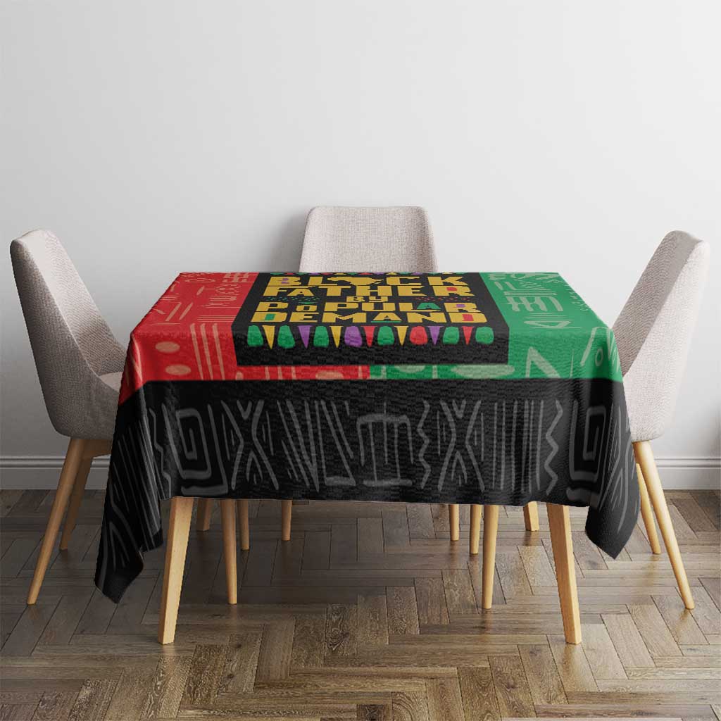 African tablecloth with colorful 'BLACK FATHER' text panel and black geometric bottom