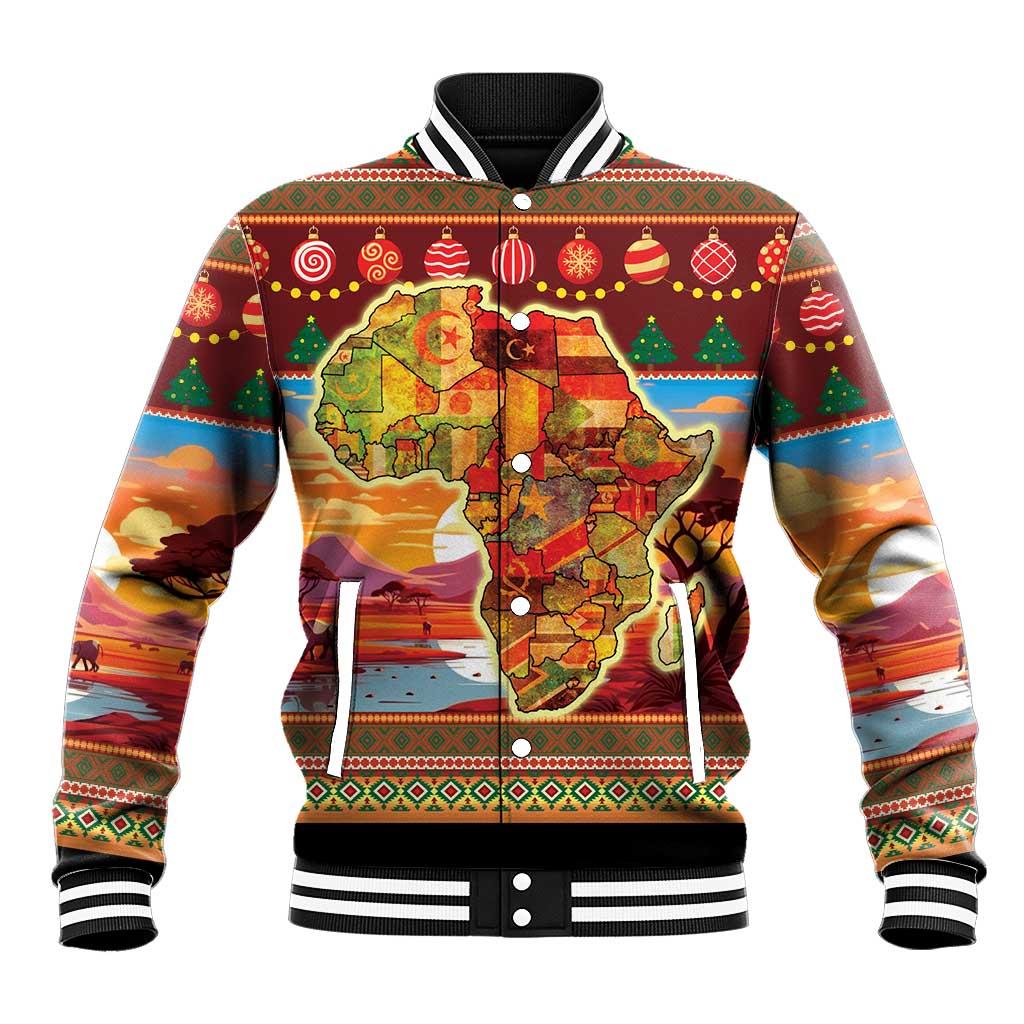 Red baseball jacket with button front, striped trim, and Africa-themed Christmas graphic