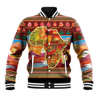 Red baseball jacket with button front, striped trim, and Africa-themed Christmas graphic