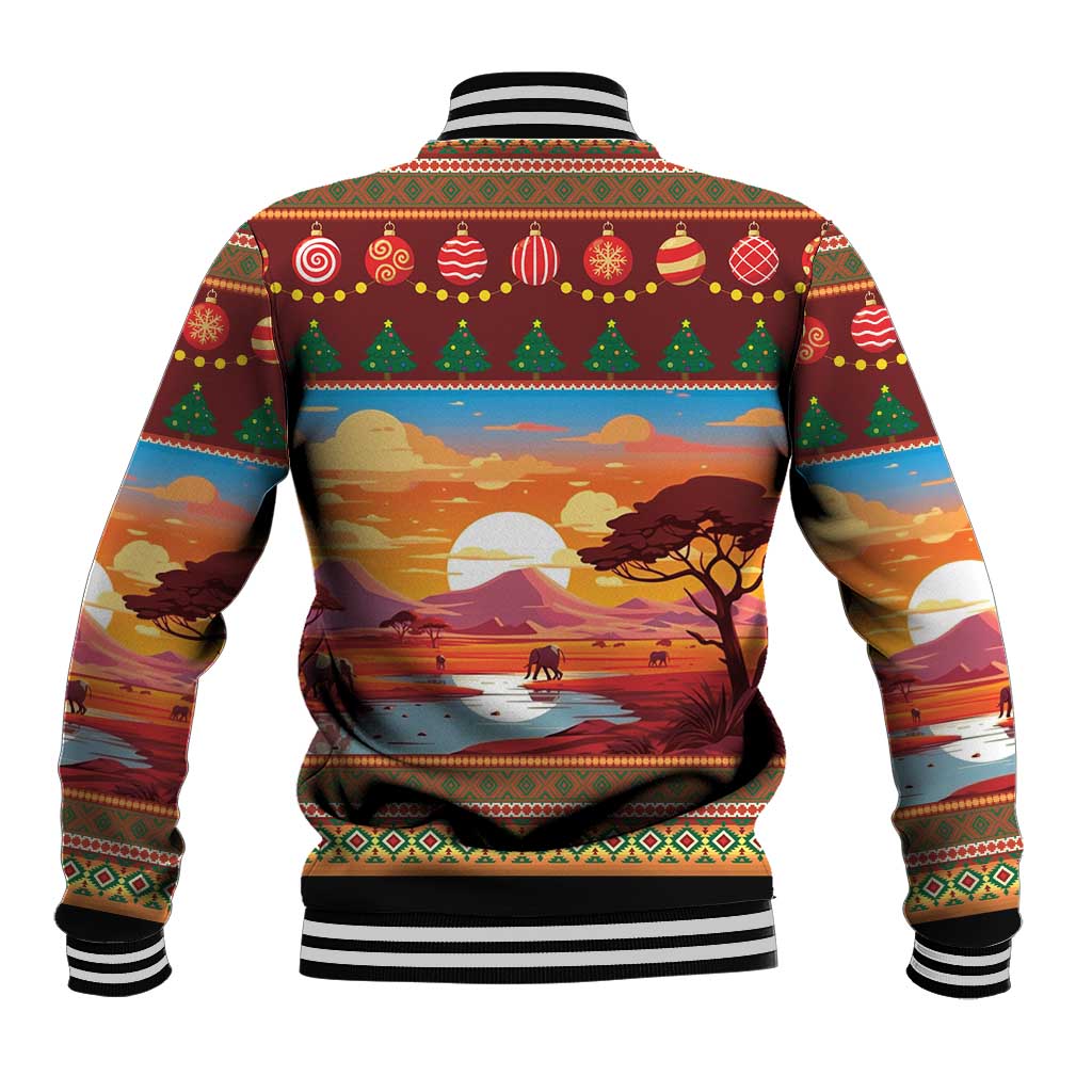 Red baseball jacket with striped ribbed cuffs and festive African holiday graphic on back