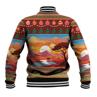 Red baseball jacket with striped ribbed cuffs and festive African holiday graphic on back