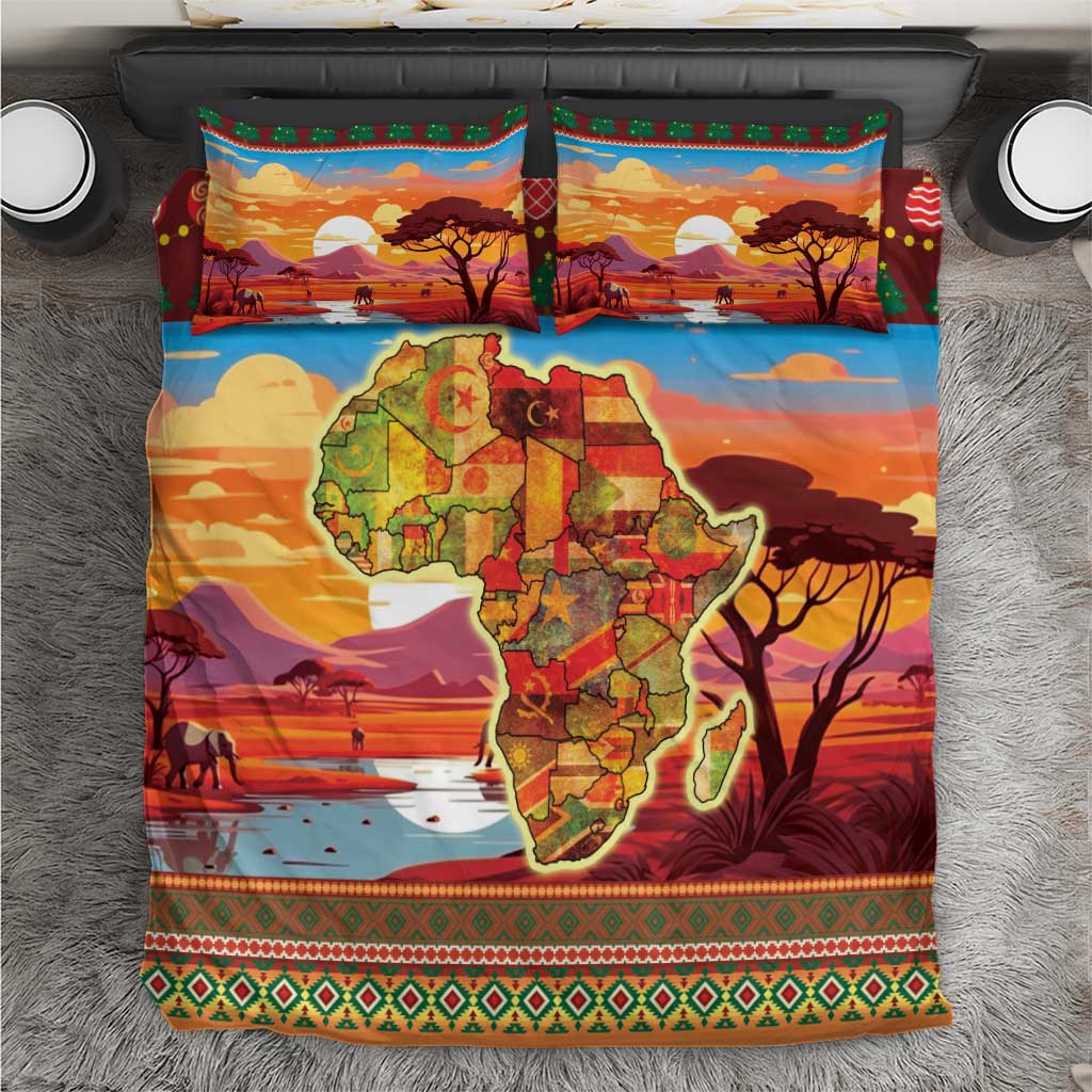 Multicolor Christmas bedding set with Africa map print, trees, and patterned trim