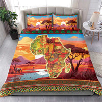 Multicolor duvet cover with Africa map center, holiday trees, and patterned green-red trim