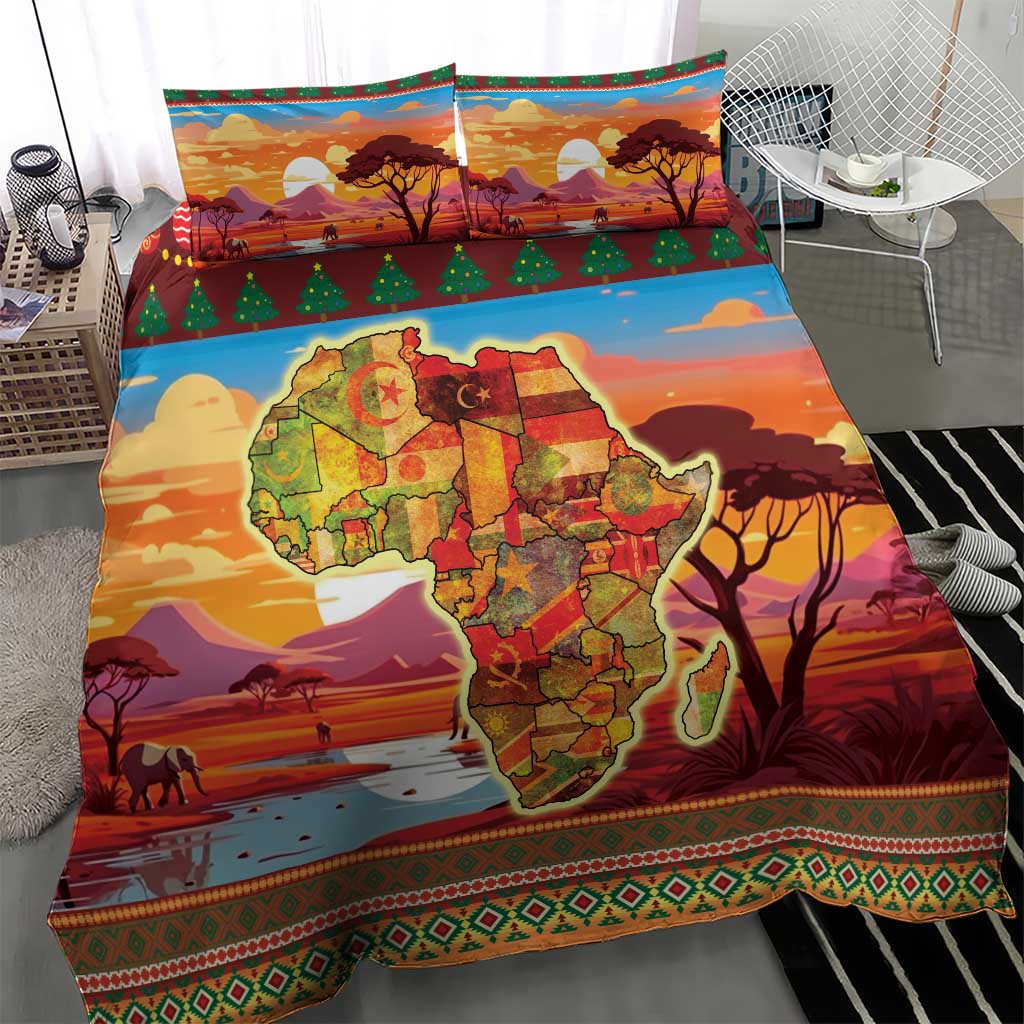 Multicolor duvet cover and pillowcases with Africa map, wildlife scene, and border band