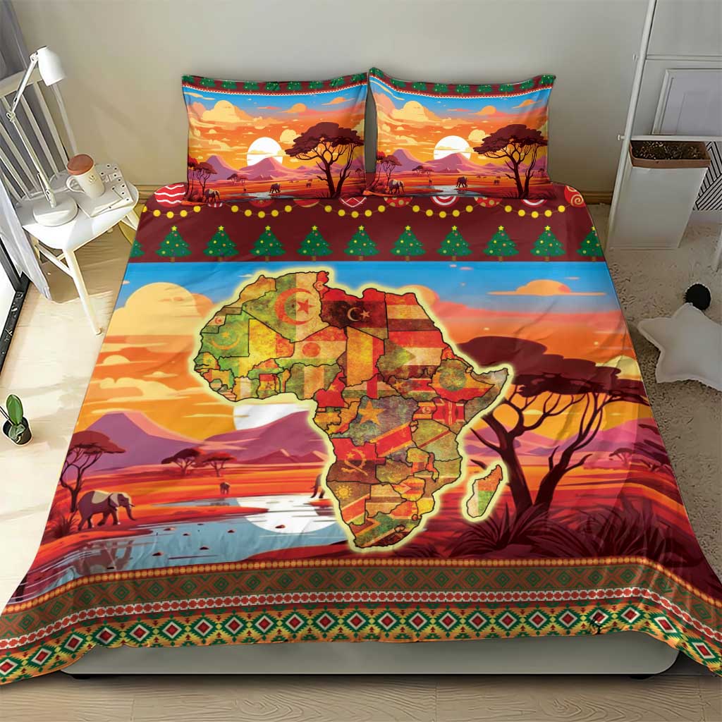 Multicolor duvet cover and two pillowcases with Africa map and sunset landscape