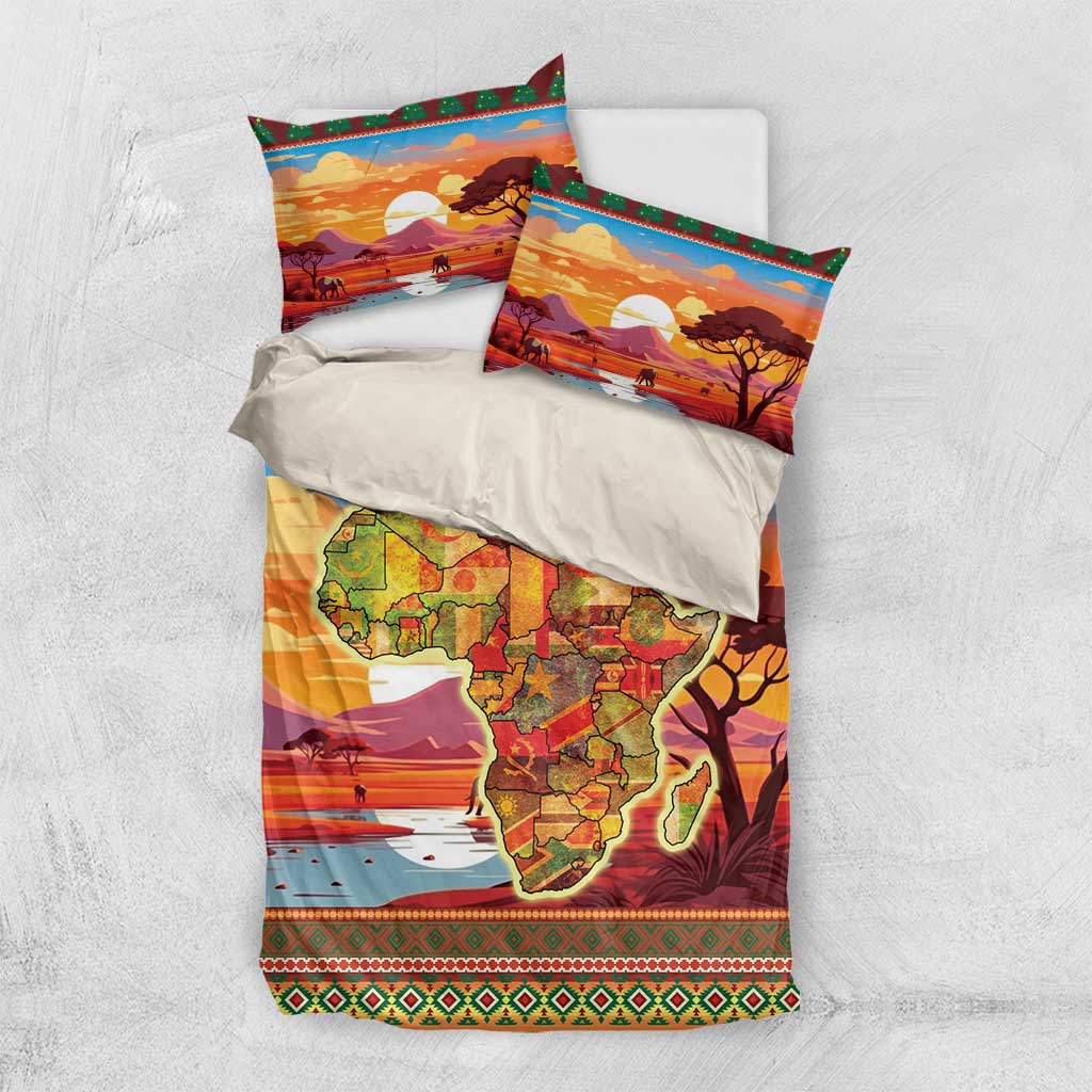 Multicolor bedding set with duvet cover and two pillowcases featuring Africa map artwork