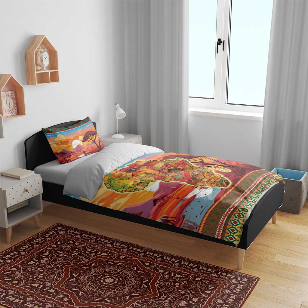 Multicolor duvet cover on bed with Africa map print and holiday landscape accents