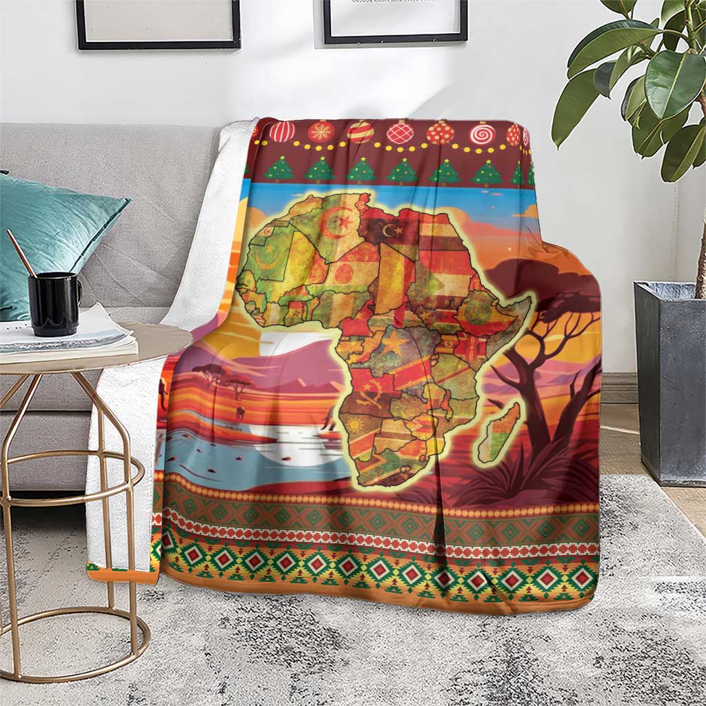 Red Christmas throw blanket featuring Africa map, holiday garlands, and geometric border