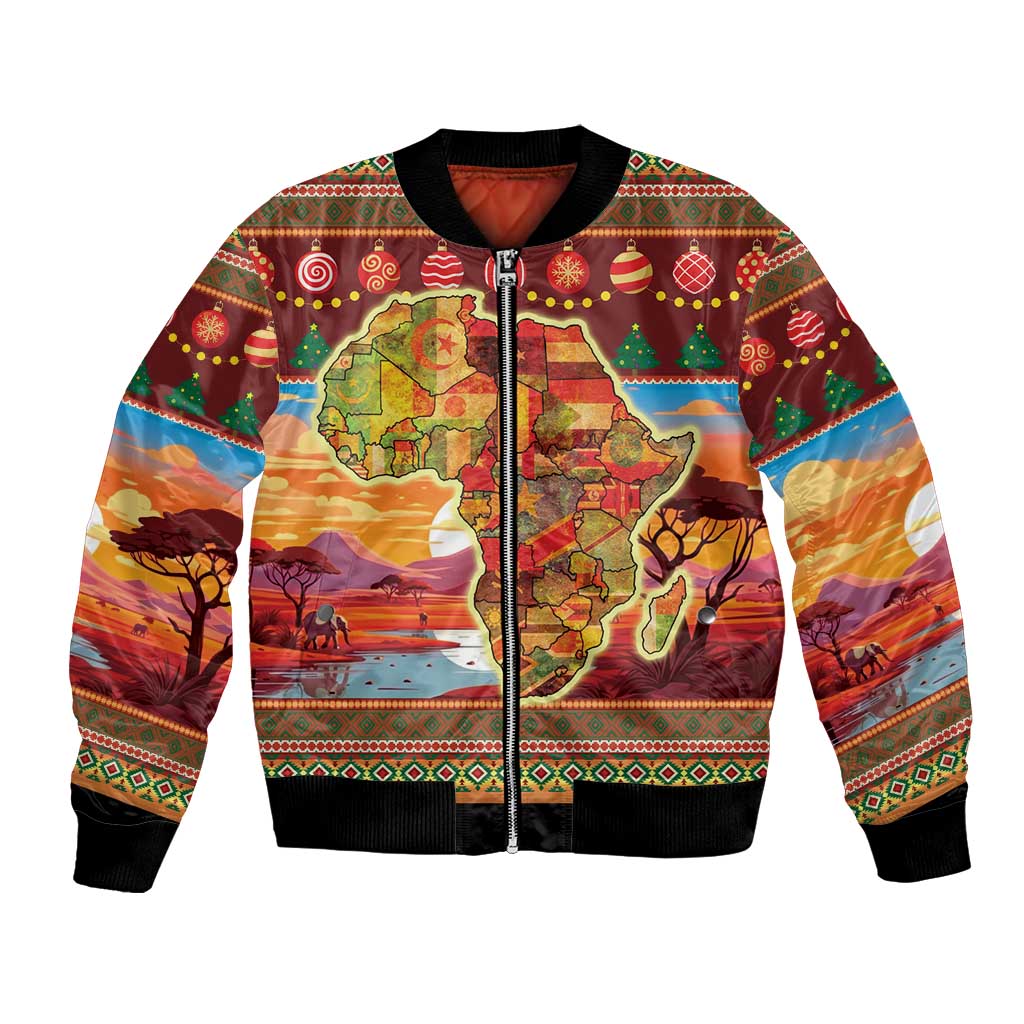 Unisex bomber jacket with festive African map graphic, front zip, black ribbed cuffs