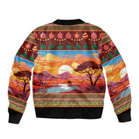 Unisex bomber jacket, back landscape with animals and trees, festive patterns, black hem