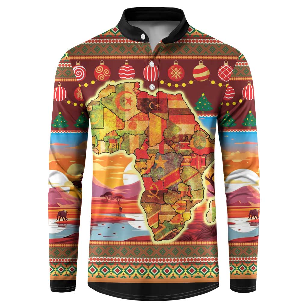 Men's Christmas button sweatshirt with colorful map print and black collar cuffs