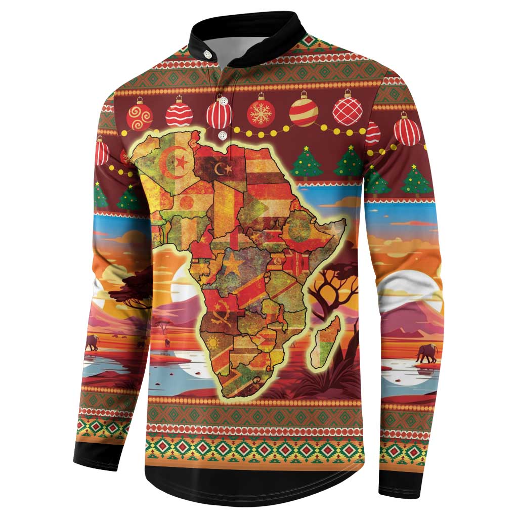 Men's Christmas button sweatshirt, colorful map and landscape print with black trim